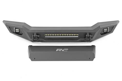 Rough Country - 10635 | Rough Country Front Bumper & Skid Plate With Flush Mount LED Pods & LED Light Bar For Jeep Gladiator JT / Wrangler 4xe, JK & JL Unlimited