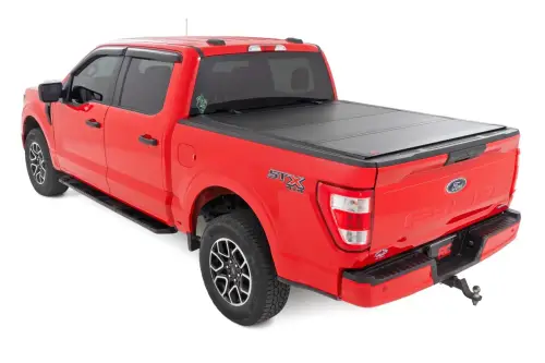 Rough Country - 49221550 | Rough Country Hard Tri-Fold Flip Up Bed Cover (2021-2025 F150 2WD/4WD | 2022-2025 F150 Lightning AWD/4WD | 5'7" Bed)