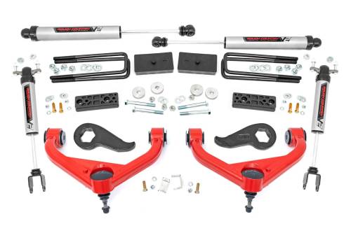 Rough Country - 95870RED | Rough Country 3 Inch Lift Kit For Chevrolet Silverado / GMC Sierra 2500 HD & 3500 HD 2WD/4WD | Red Finish Arms, No Factory Rear Overloads, V2 Monotube Shocks