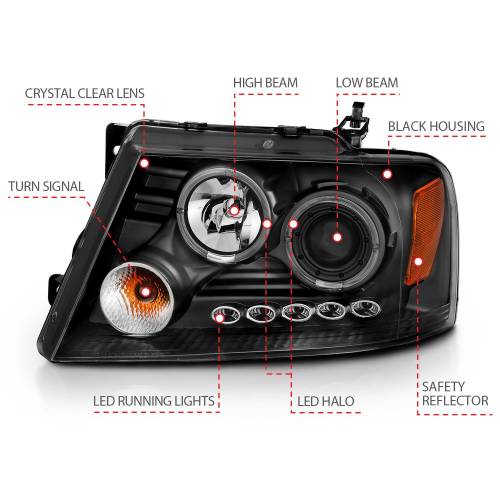 Anzo USA - 111204 | Anzo USA Projector Headlights w/ Halo & LED Black (2004-2008 F150 | 2006-2008 Mark LT)