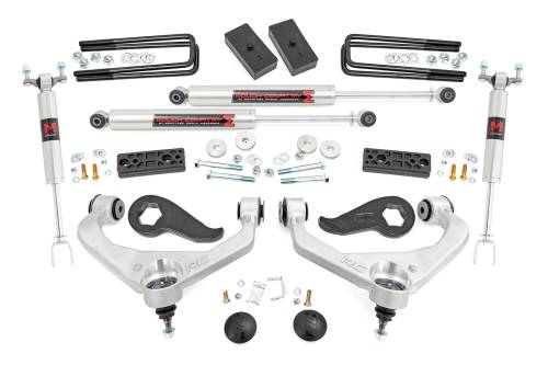 Rough Country - 97740 | Rough Country 3 Inch Lift Kit For Chevrolet Silverado / GMC Sierra 2500 HD & 3500 HD 2WD/4WD | Aluminum Finish Arms, With Factory Rear Overloads, M1 Monotube Shocks