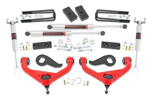 Rough Country - 97740RED | Rough Country 3 Inch Lift Kit For Chevrolet Silverado / GMC Sierra 2500 HD & 3500 HD 2WD/4WD | Red Finish Arms, With Factory Rear Overloads, M1 Monotube Shocks