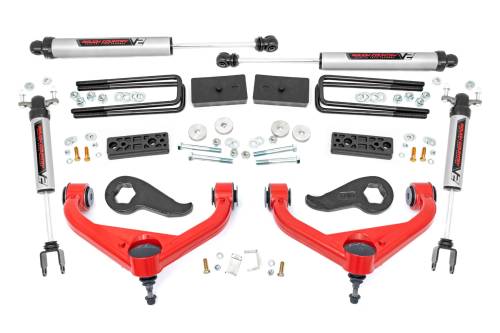 Rough Country - 97770RED | Rough Country 3 Inch Lift Kit For Chevrolet Silverado / GMC Sierra 2500 HD & 3500 HD 2WD/4WD | Red Finish Arms, With Factory Rear Overload Springs, V2 Monotube Shocks