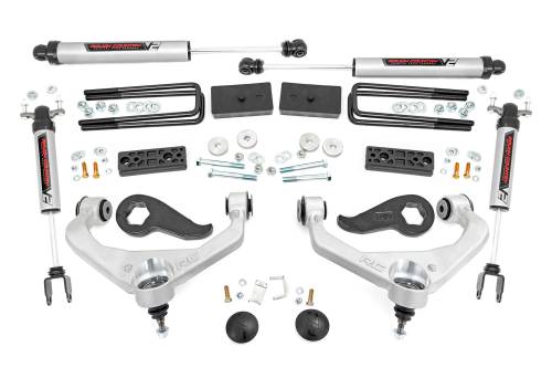 Rough Country - 97770 | Rough Country 3 Inch Lift Kit For Chevrolet Silverado / GMC Sierra 2500 HD & 3500 HD 2WD/4WD | Aluminum Finish Arms, With Factory Rear Overload Springs, V2 Monotube Shocks