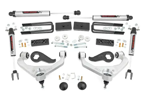 Rough Country - 95870 | Rough Country 3 Inch Lift Kit For Chevrolet Silverado / GMC Sierra 2500 HD & 3500 HD 2WD/4WD | Aluminum Finish Arms, No Factory Rear Overloads, V2 Monotube Shocks