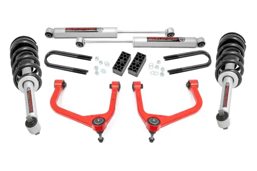 Rough Country - 110431RED | Rough Country 3.5 Inch Lift Kit For Chevy Silverado 1500 | Red Finish, Factory Rear Multi Leaf Spring, N3 Struts With N3 Rear Shocks
