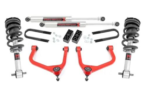 Rough Country - 110440RED | Rough Country 3.5 Inch Lift Kit For Chevy Silverado 1500 | Red Finish, Factory Rear Multi-Leaf Spring, M1 Struts With M1 Rear Shocks