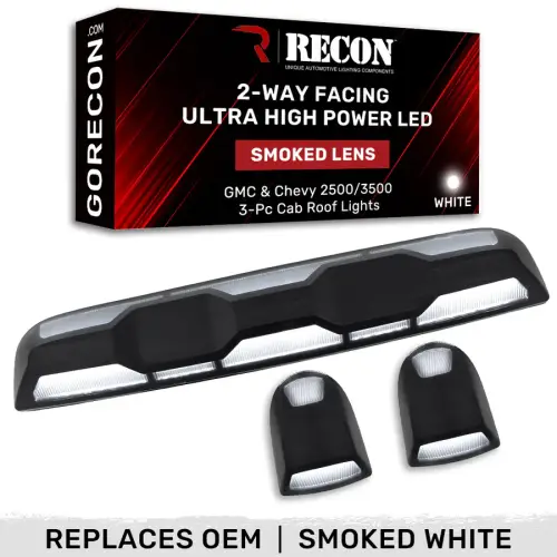 Recon Truck Accessories - 264158BKHPWH | Recon 3 Piece Set Smoked Lens Cab Roof Light Set 2-Way Front & Rear Facing Ultra High-Power White LEDs (2020-2024 Silverado, Sierra 2500 HD, 3500 HD Replaces OEM factory installed cab roof lights)