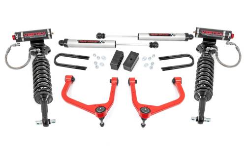 Rough Country - 110557RED | Rough Country 3.5 Inch Lift Kit For GMC Sierra 1500 2WD/4WD | Red Finish, Factory Rear Multi-Leaf Springs, Vertex Coilovers With V2 Rear Shocks