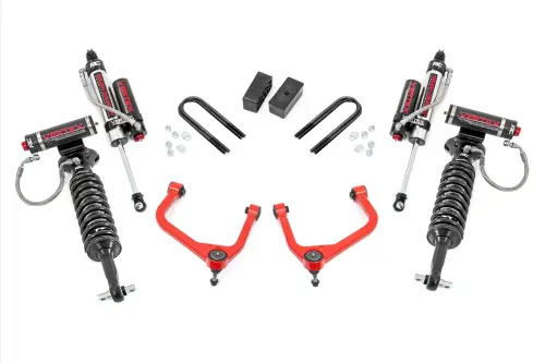 Rough Country - 110550RED | Rough Country 3.5 Inch Lift Kit For GMC Sierra 1500 2WD/4WD | Red Finish, Rear Factory Multi-Leaf Springs, Vertex Coilovers With Vertex Shocks