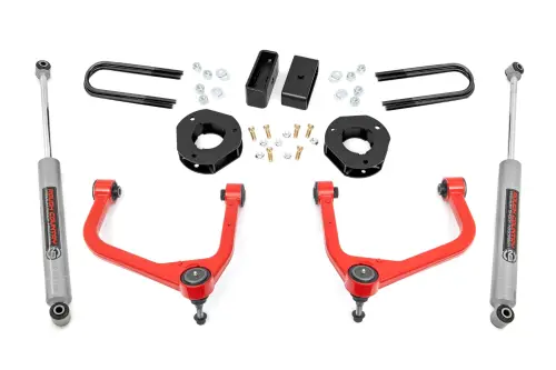 Rough Country - 28230RED_A | Rough Country 3.5 Inch Lift Kit For Chevrolet Silverado 1500 2WD/4WD | Red Finish Control Arm, Factory Rear Mono Leaf Spring, Strut Spacer With N3 Rear Shocks