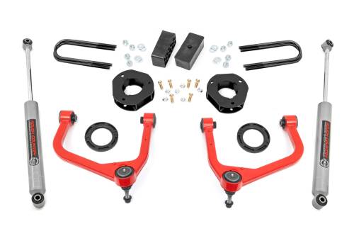 Rough Country - 28830RED_A | Rough Country 3.5 Inch Lift Kit For GMC Sierra 1500 2WD/4WD | Red Finish Control Arm, Factory Mono Leaf Spring, Struts Spacers With N3 Rear Shocks