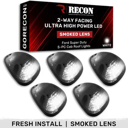 Recon Truck Accessories - 264143BKHPWH | Recon 5-Piece Smoked Cab Roof Light Kit 2-Way Front & Rear Facing Ultra High-Power White LEDs Smoked Lens (1999-2016 F250, F350 Super Duty For Models That DID NOT Come With Factory Cab Lights)