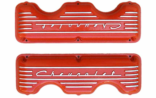 PML Covers - 10651-OR | PML Cover Valve Cover For CHEVROLET 348, 409, Raised Script and Fins | Orange Powder Coat Finish
