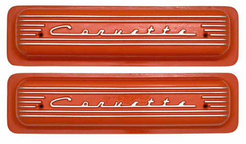 PML Covers - 11041-OR | PML Cover Valve Covers Center Bolt, CORVETTE Script And Fins For Chevy Small Block, GM Generation II LT1 and LT4 Engines | Orange Powder Coat Finish