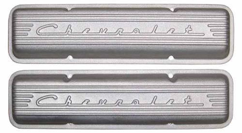PML Covers - 10430-AC | PML Cover Valve Covers Chevy Small Block, 265, 283, 327, 350 & 400 Engines, CHEVROLET Script & Fins | Natural As-Cast Finish