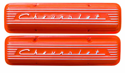 PML Covers - 10430-OR | PML Cover Valve Covers Chevy Small Block, 265, 283, 327, 350 & 400 Engines, CHEVROLET Script & Fins | Orange Powder Coat Finish