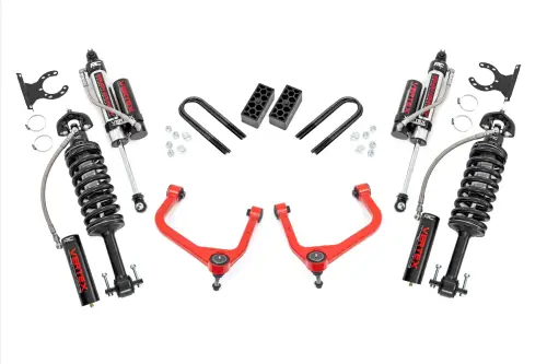Rough Country - 28250RED_A | Rough Country 3.5 Inch Lift Kit For Chevrolet Silverado 1500 2WD/4WD | Red Finish Control Arm, Factory Rear Mono Leaf Spring, Vertex Coilovers With Vertex Shocks