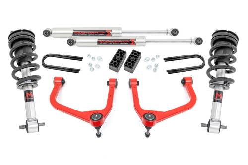 Rough Country - 28240RED_A | Rough Country 3.5 Inch Lift Kit For Chevrolet Silverado 1500 2WD/4WD | Red Finish Control Arm, Factory Rear Mono Leaf Spring, M1 Struts With M1 Rear Shocks