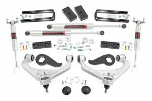 95840 | Rough Country 3 Inch Lift Kit For Chevrolet Silverado / GMC Sierra 2500 HD & 3500 HD | Aluminum Finish Arms, No Factory Rear Overload Springs, M1 Monotube Shocks