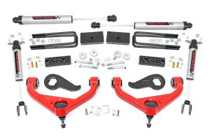 95870RED | Rough Country 3 Inch Lift Kit For Chevrolet Silverado / GMC Sierra 2500 HD & 3500 HD 2WD/4WD | Red Finish Arms, No Factory Rear Overloads, V2 Monotube Shocks