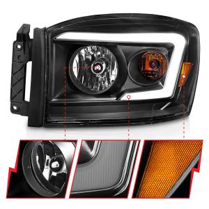 Anzo USA - 111524 | Anzo USA Crystal Headlight W/ Light Bar Black Housing Clear Lens (2006-2008 Ram 1500 | 2006-2009 Ram 2500, 3500) - Image 1