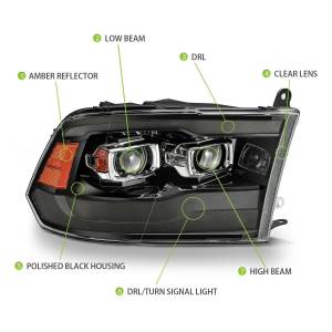 AlphaREX - 880593 | AlphaRex MK II PRO-Series Halogen Projector Headlights For Ram 1500 / 2500 / 3500 Truck (2009-2018) | Jet Black - Image 5