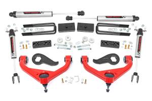 97770RED | Rough Country 3 Inch Lift Kit For Chevrolet Silverado / GMC Sierra 2500 HD & 3500 HD 2WD/4WD | Red Finish Arms, With Factory Rear Overload Springs, V2 Monotube Shocks