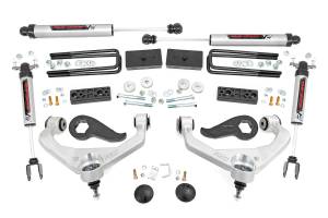 97770 | Rough Country 3 Inch Lift Kit For Chevrolet Silverado / GMC Sierra 2500 HD & 3500 HD 2WD/4WD | Aluminum Finish Arms, With Factory Rear Overload Springs, V2 Monotube Shocks