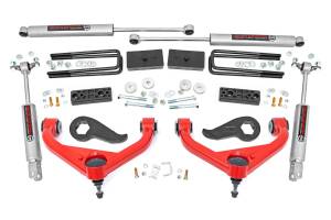 97730RED | Rough Country 3 Inch Lift Kit For Chevrolet Silverado / GMC Sierra 2500 HD & 3500 HD | Red Finish Arms, With Factory Rear Overload Springs, Premium N3 Shocks