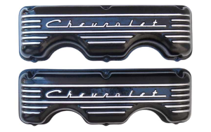 10651-BK | PML Cover Valve Cover For CHEVROLET 348, 409, Raised Script and Fins | Black Powder Coat Finish