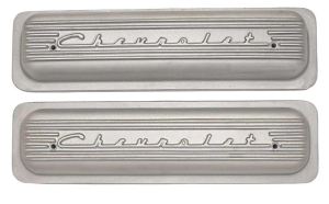 11040-AC | PML Cover Valve Covers Center Bolt, CHEVROLET Script And Fins For Chevy Small Block, GM Generation II LT1 and LT4 Engines | Natural As-Cast Finish