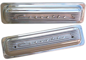 11041-P | PML Cover Valve Covers Center Bolt, CORVETTE Script And Fins For Chevy Small Block, GM Generation II LT1 and LT4 Engines | Polish Finish