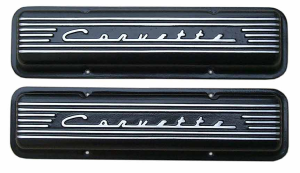 11026-BK | PML Cover Valve Covers Chevy Small Block, 265, 283, 327, 350 & 400 Engines, CORVETTE Script & Fins | Black Powder Coat Finish
