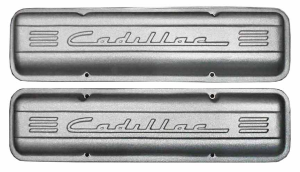 11107-AC | PML Cover Valve Covers Chevy Small Block, 265, 283, 327, 350 & 400 Engines, CADILLAC Script & Fins | Natural As-Cast Finish