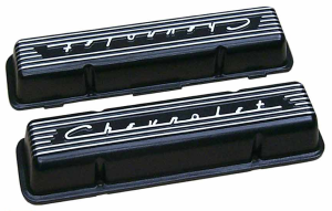 11029-BK | PML Cover Valve Covers Chevy Small Block Engines From 1955 To 1959, CHEVROLET Script & Fins | Black Powder Coat Finish