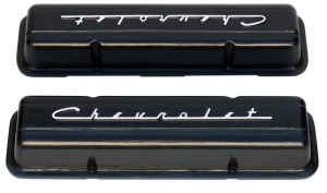 11106H-BK | PML Cover Valve Covers Chevy Small Block, 265, 283, 327, 350 & 400 Engines, CHEVROLET Script | Black Powder Coat Finish, With Machined Holes