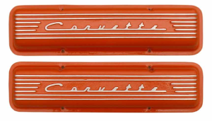 11026H-OR | PML Cover Valve Covers Chevy Small Block, 265, 283, 327, 350 & 400 Engines, CORVETTE Script & Fins | Orange Powder Coat Finish, With Machined Holes
