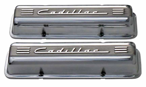 11107H-P | PML Cover Valve Covers Chevy Small Block, 265, 283, 327, 350 & 400 Engines, CADILLAC Script & Fins | Polish Finish, With Machined Holes
