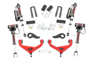 97750RED | Rough Country 3 Inch Lift Kit For Chevrolet Silverado / GMC Sierra 2500 HD & 3500 HD | Red Finish Arms, With Factory Rear Overload Springs, Vertex Shocks Shocks
