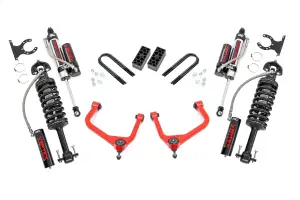 28250RED | Rough Country 3.5 Inch Lift Kit For Chevrolet Silverado 1500 2WD/4WD | Red Finish Control Arm, Factory Rear Mono Leaf Spring, Vertex Coilovers With Vertex Shocks