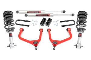 28240RED | Rough Country 3.5 Inch Lift Kit For Chevrolet Silverado 1500 2WD/4WD (& Refresh) | Red Finish Control Arm, Factory Rear Mono Leaf Spring, M1 Struts With M1 Rear Shocks