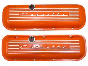 9096-2P-OR | PML Cover Valve Covers, Corvette Script, Standard For Chevrolet Big Block 396, 427, 454 and 502 Engines | Orange Powder Coat Finish